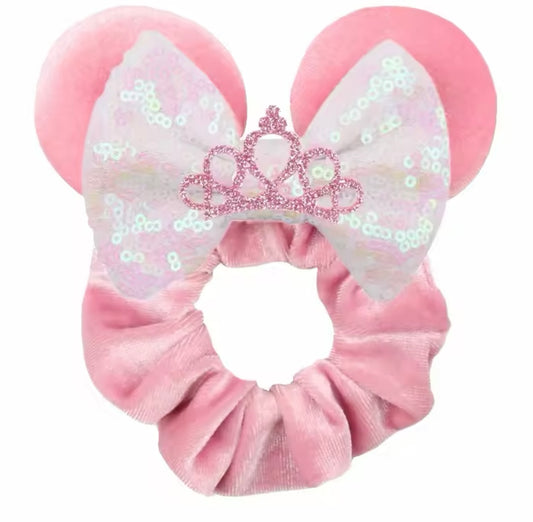 Mouse Ear Velvet Scrunchie, Pink, Princess Crown