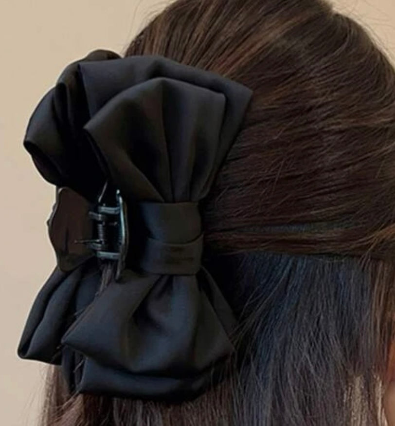 Large Ribbon Bow Hair Claw, Plastic, Soft, Strong, Black