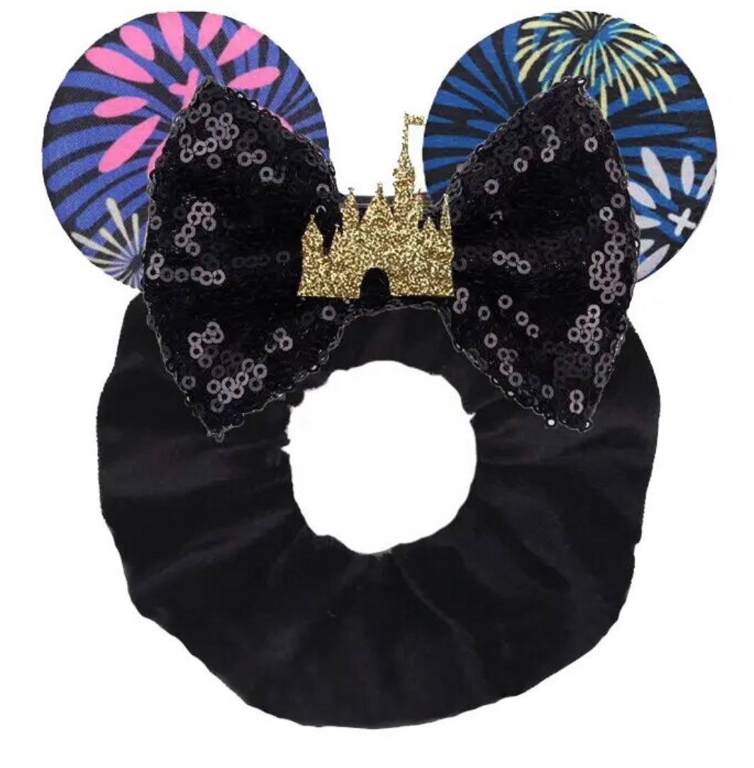 Mouse Ear Velvet Scrunchie, Castle, Fireworks, Black