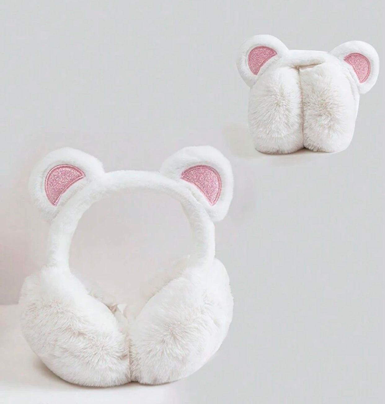 Large Fluffy Ear Muffs, Earmuffs, White Bear Ears, Kids & Adults