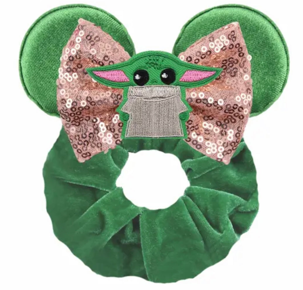 Mouse Ear Velvet Scrunchie, Baby Yoda, Mandalorian, Green
