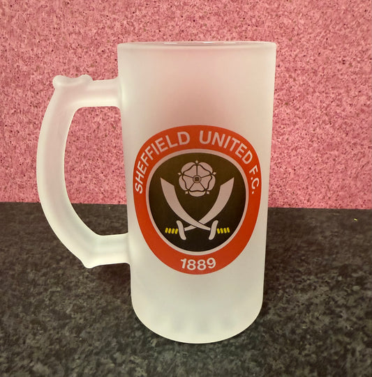 Sheffield United Frosted Glass Stein, 16oz Glass, 450ml, Cold Use, Perfect Gift, Personalised