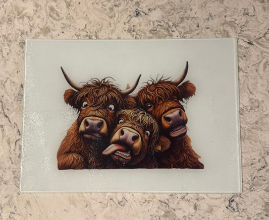 Large Glass Chopping Board, Highland Cows being Silly, Sublimation, Worktop Saver, Funny Faces
