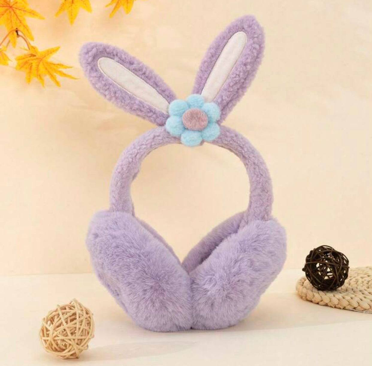Large Fluffy Ear Muffs, Earmuffs, Purple Bunny Ears with Flower, Kids & Adults