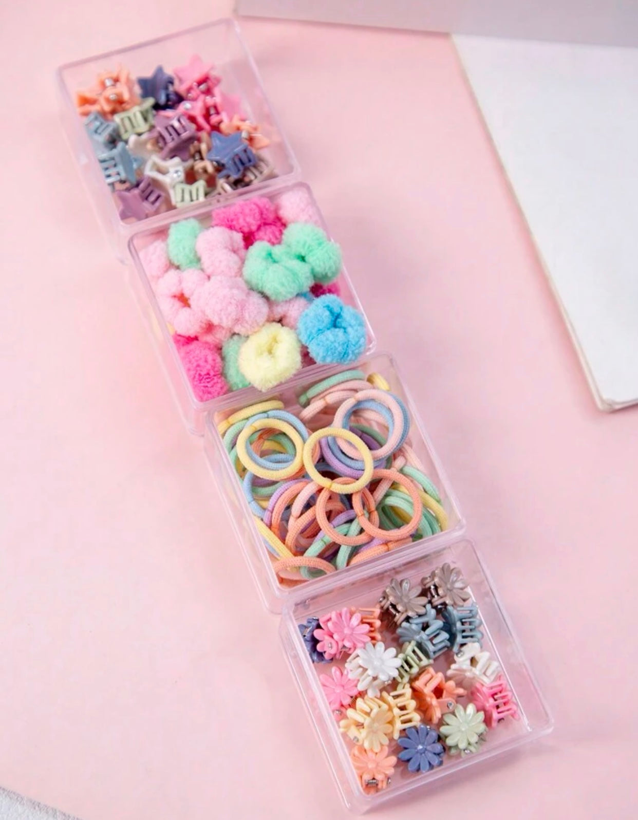Box of 105 Small Coloured Bobbles, Claw Clips, Hair, Clips in plastic tubs