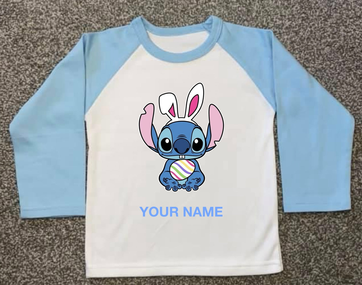 Kids Personalised Easter PJs - Plain Blue - Stitch, Ages 6 Month - 10 Years