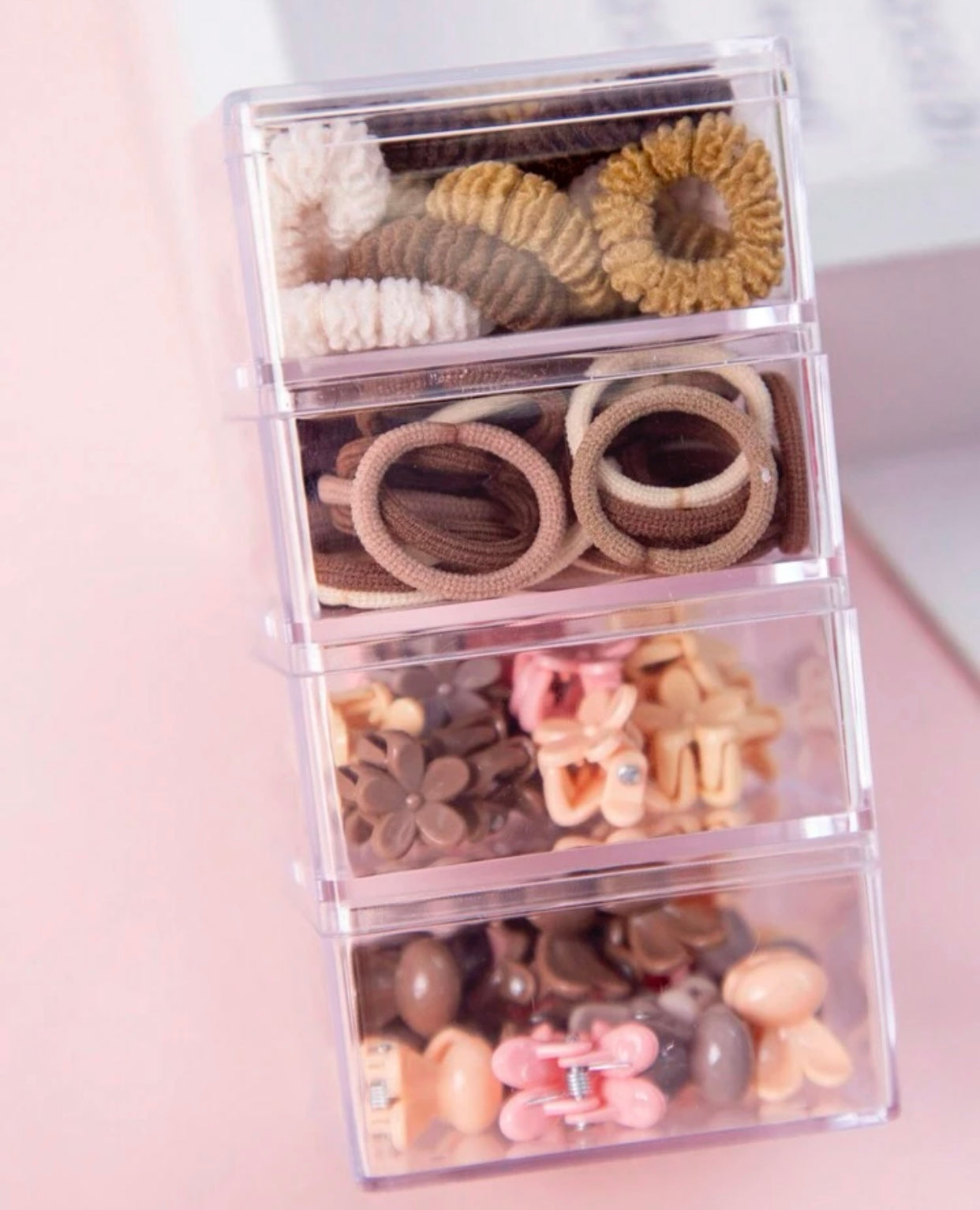 Box of 105 Small Brown Bobbles, Claw Clips, Hair, Clips in plastic tubs