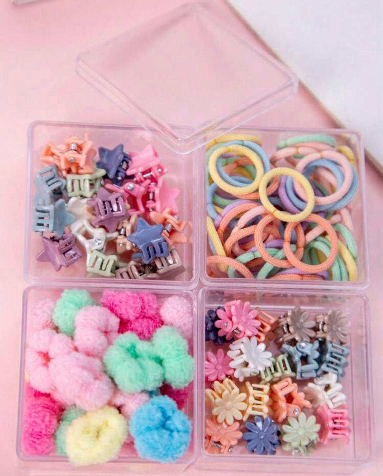 Box of 105 Small Coloured Bobbles, Claw Clips, Hair, Clips in plastic tubs