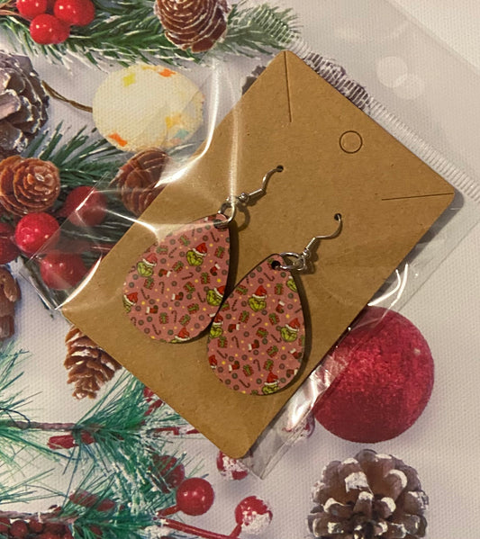 Handmade Earrings, Pink, Grinch, Christmas