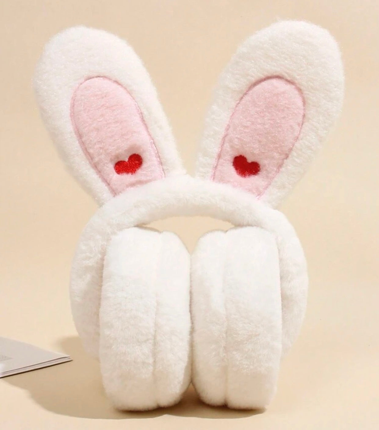 Large Fluffy Ear Muffs, Earmuffs, White Bunny Ears with Hearts, Kids & Adults