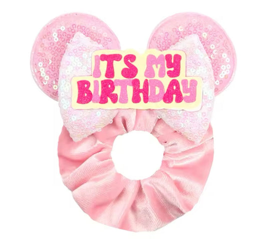 Mouse Ear Velvet Scrunchies, Pink, It’s My Birthday