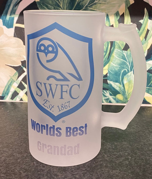 Frosted Glass Stein, 16oz Glass, 450ml, Cold Use, Perfect Gift, Sheffield Wednesday, Personalised