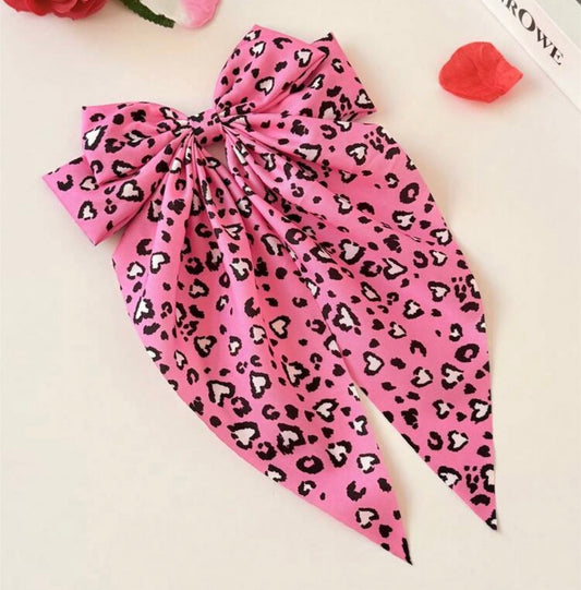 Large Pink Leopard Print Hearts Bow, Hair, Bow, Barrette Clip