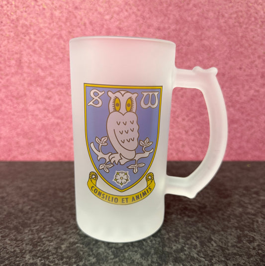 Sheffield Wednesday Frosted Glass Stein, 16oz Glass, 450ml, Cold Use, Perfect Gift, Personalised
