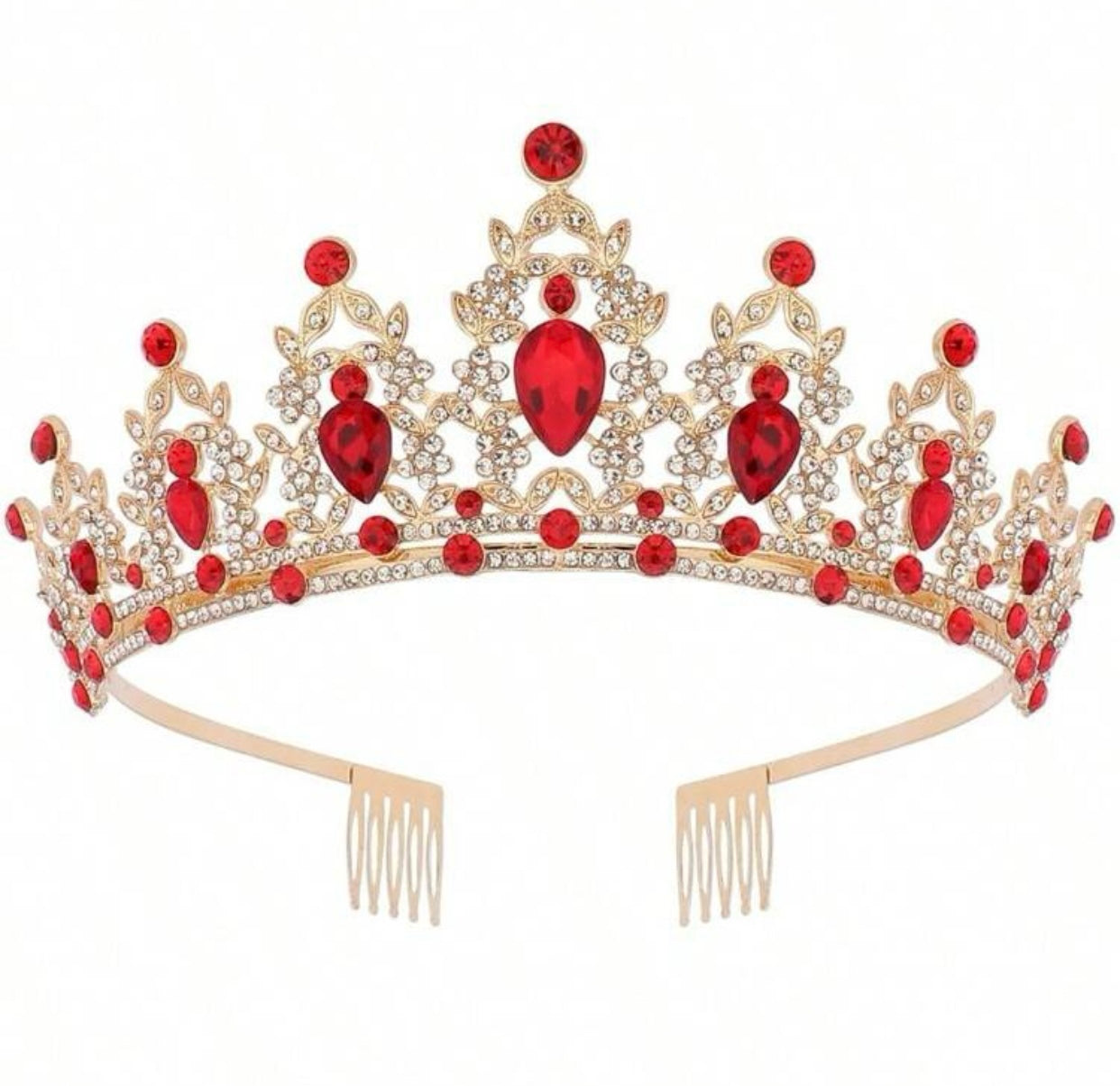 Red Rhinestone Tiara, Crown, Prom, Wedding, Dancing, Metal Tiara