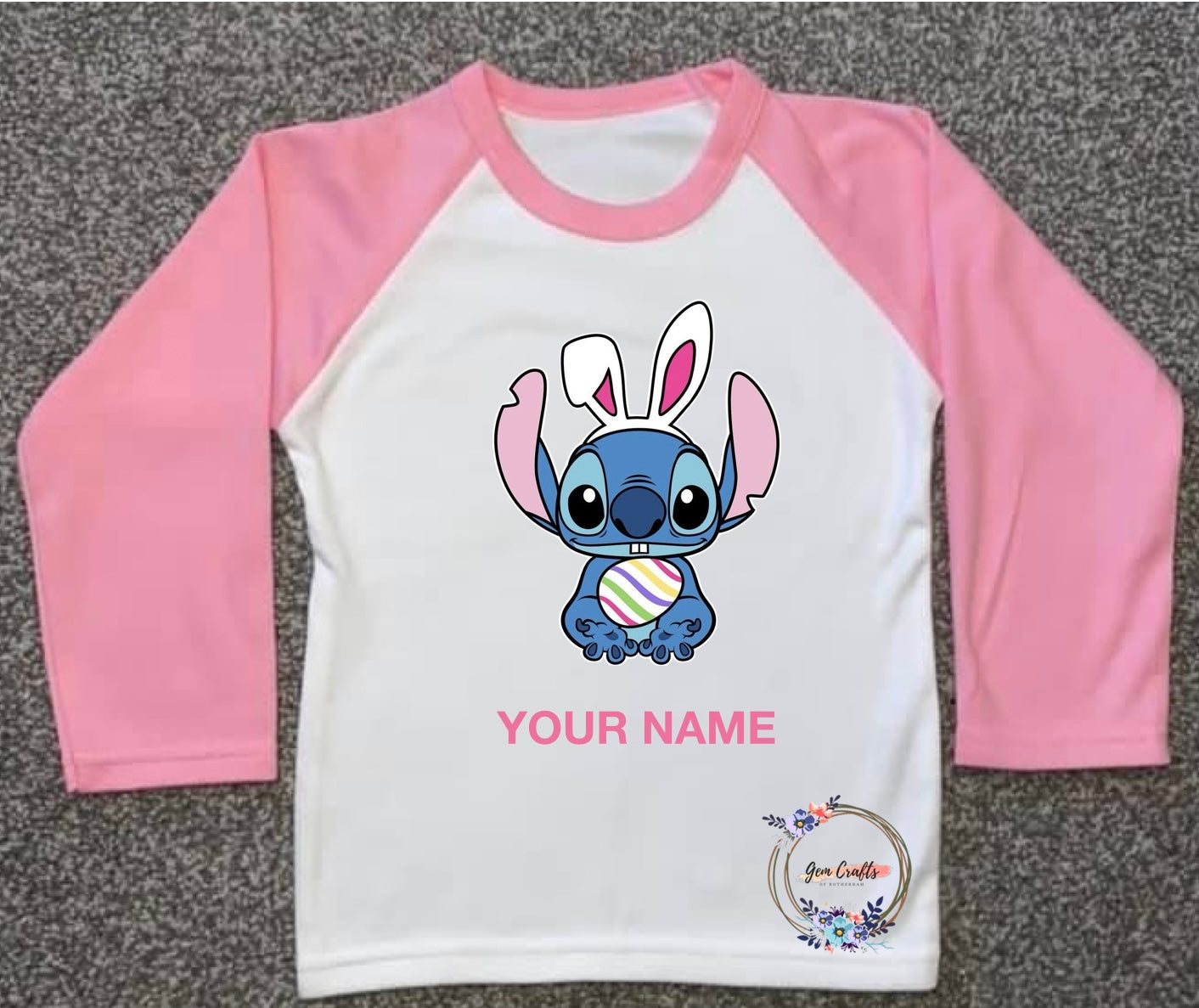 Kids Personalised Easter PJs - Plain Pink - Stitch, Ages 6 Month - 10 Years