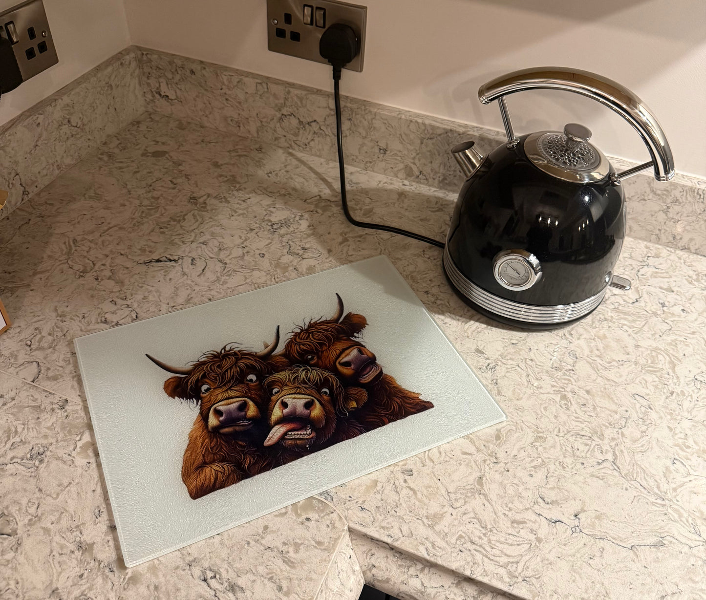 Large Glass Chopping Board, Highland Cows being Silly, Sublimation, Worktop Saver, Funny Faces