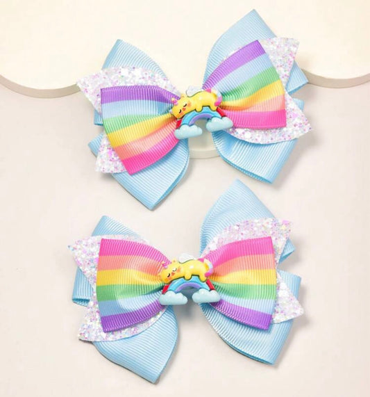 Blue, Rainbow, Cat, Ribbon Hairbows, Hair, Bow, School, Hair Clip