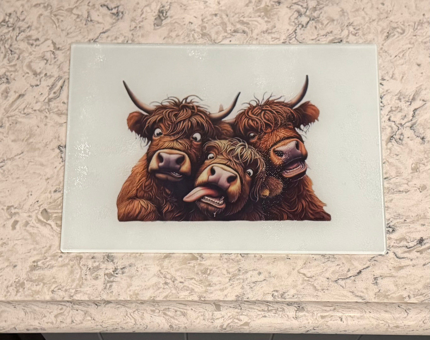 Large Glass Chopping Board, Highland Cows being Silly, Sublimation, Worktop Saver, Funny Faces