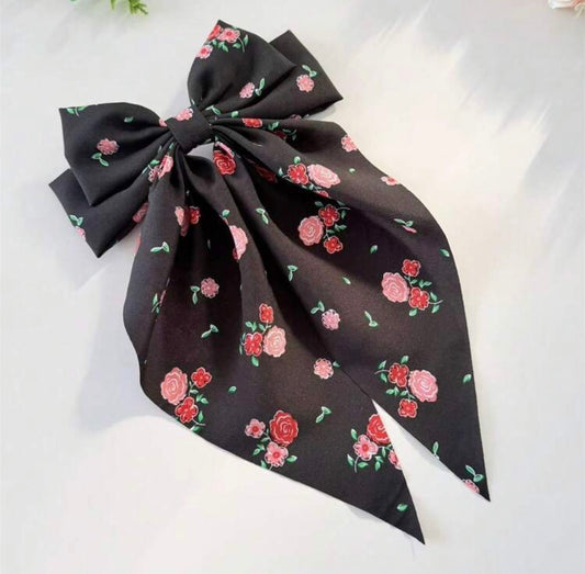 Large Rose Print Black Bow, Hair, Bow, Barrette Clip
