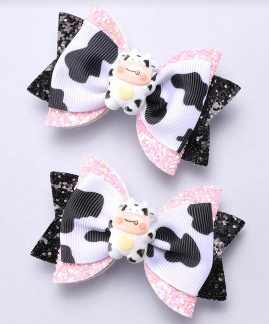 Pink, Cow, Ribbon Hairbows, Hair, Bow, School, Hair Clip