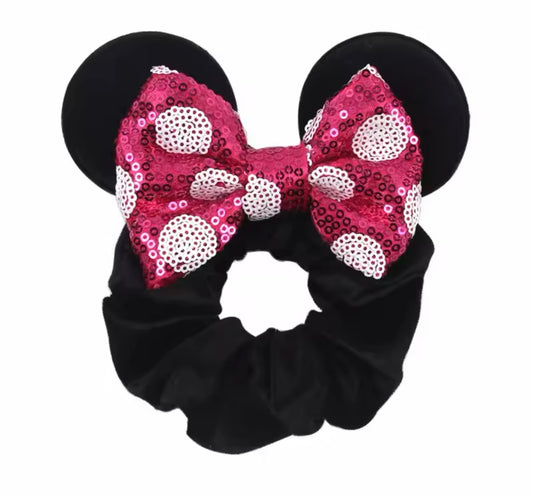 Mouse Ear Velvet Scrunchie, Minnie, Pink Bow