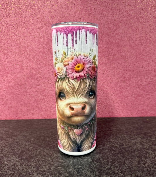 Pink Highland Cow, 20oz Tumbler, Insulated, Stainless Steel, Hot & Cold use, Personalised