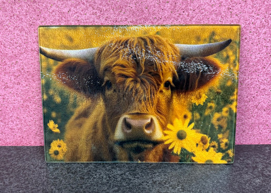 Glass Chopping Board, Highland Cow, Sun Flowers, Worktop Saver