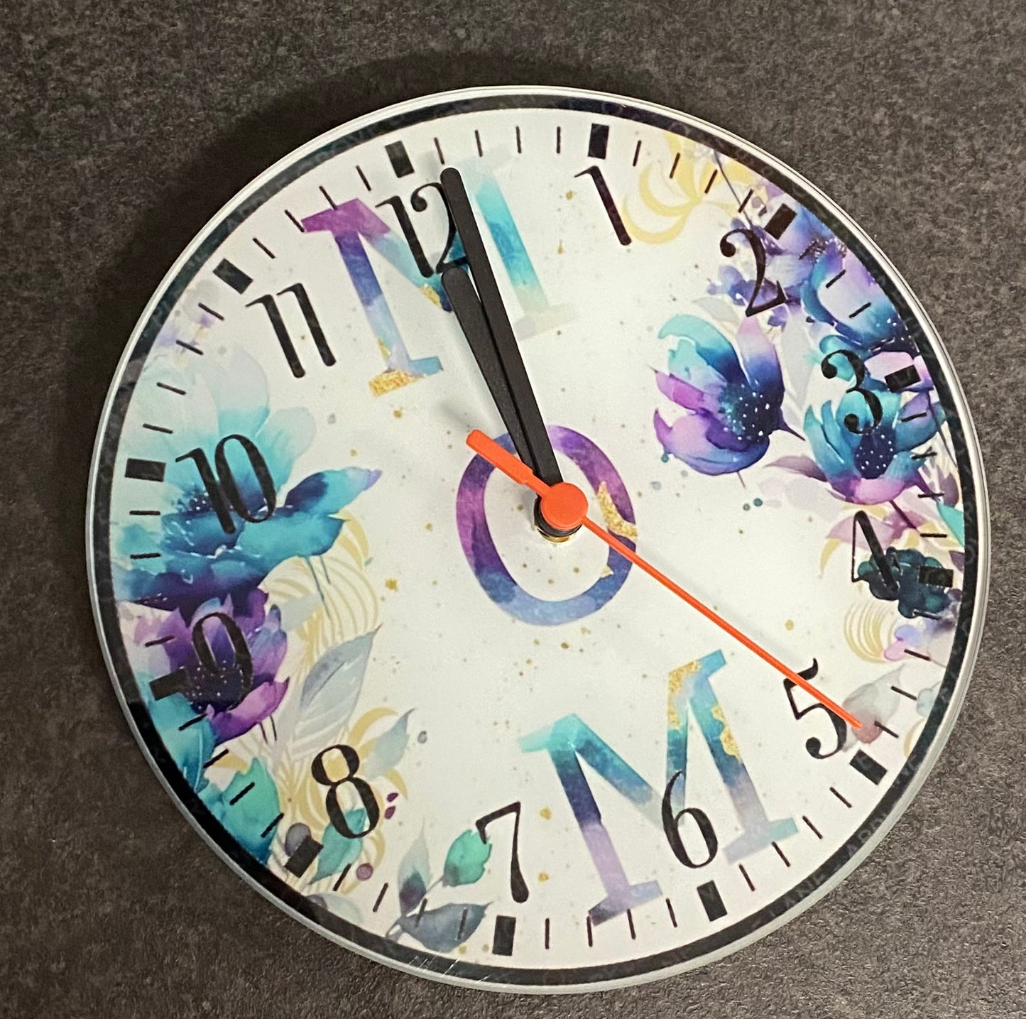 Mom, Floral, Blue Design, Toughened Glass Clock