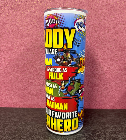 Daddy, Super Hero, 20oz Tumbler, Insulated, Stainless Steel, Hot & Cold use, Personalised