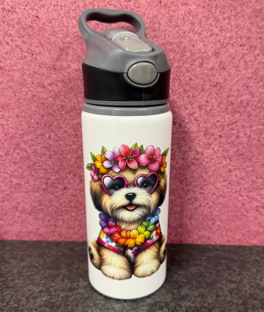 Summer, Holiday Shihtzu, Straw Lid, Flip Top, Water Bottle, Personalised