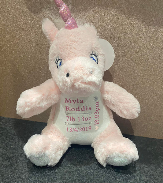 Pink Unicorn, Mini Mumbles Bear, Print Me Bear, Personalised Soft Toy