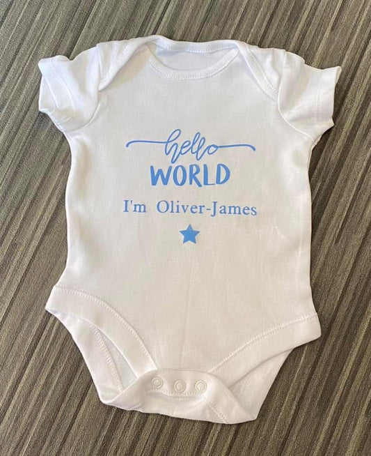 Hello World, Baby Personalised Vest Ages 0-12 months, White
