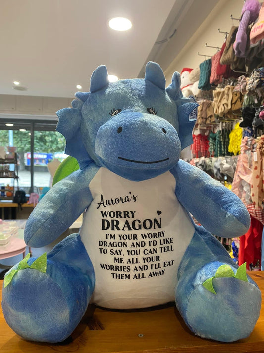 Blue Worry Dragon, Mumbles Bear, Personalised Soft Toy