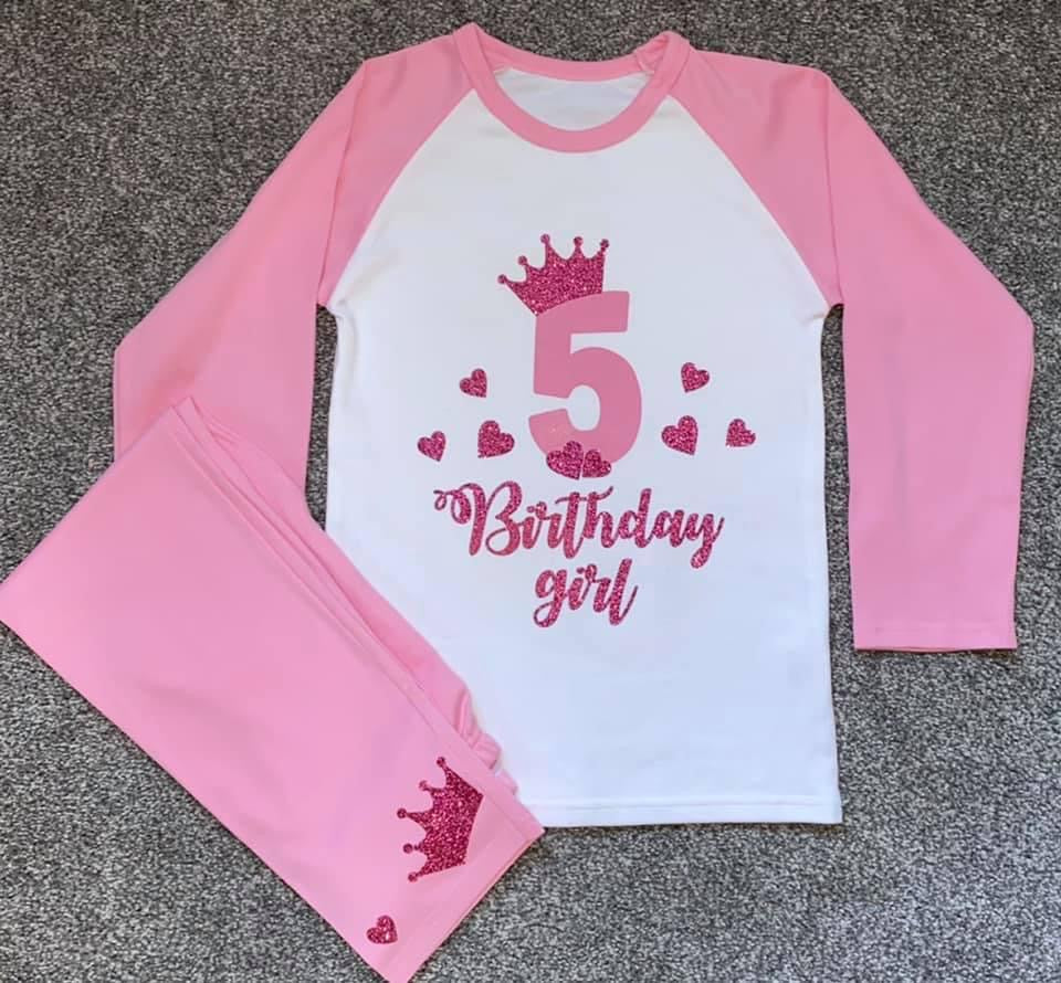 Kids Personalised Birthday Number PJs - Plain Pink - Birthday, Ages 6 Months - 10 Years