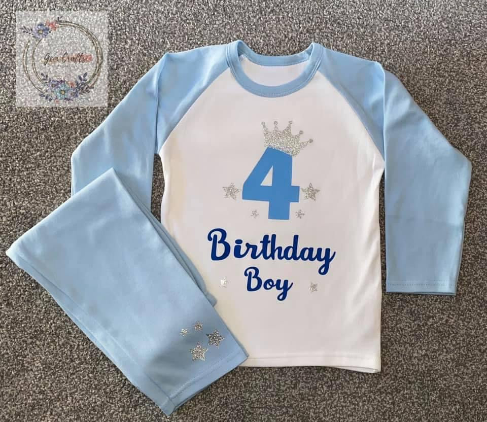 Kids Personalised Birthday Number PJs - Plain Blue - Birthday, Ages 6months - 10 Years