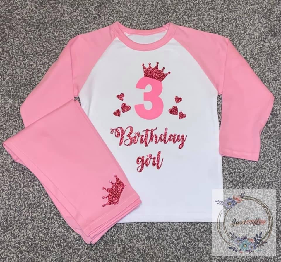 Kids Personalised Birthday Number PJs - Plain Pink - Birthday, Ages 6 Months - 10 Years