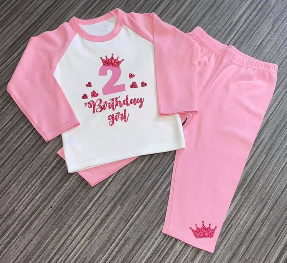 Kids Personalised Birthday Number PJs - Plain Pink - Birthday, Ages 6 Months - 10 Years