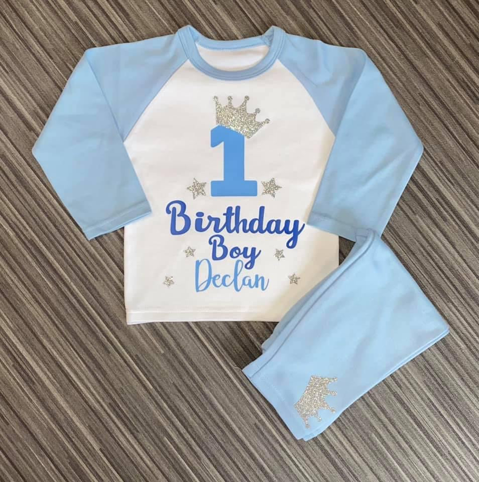 Kids Personalised Birthday Number PJs - Plain Blue - Birthday, Ages 6months - 10 Years