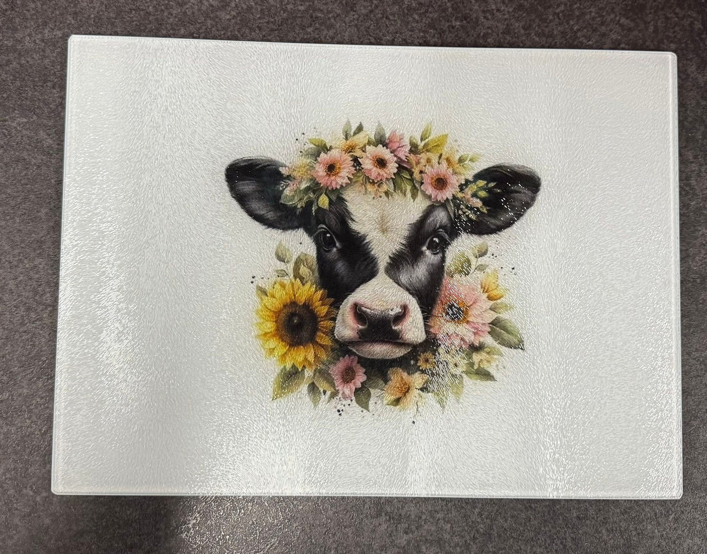 Large Glass Chopping Board, Cow, Sublimation, Worktop Saver