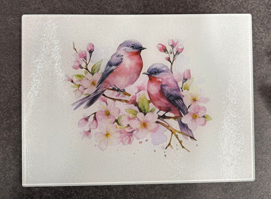 Large Glass Chopping Board, Pink Birds, Sublimation, Worktop Saver