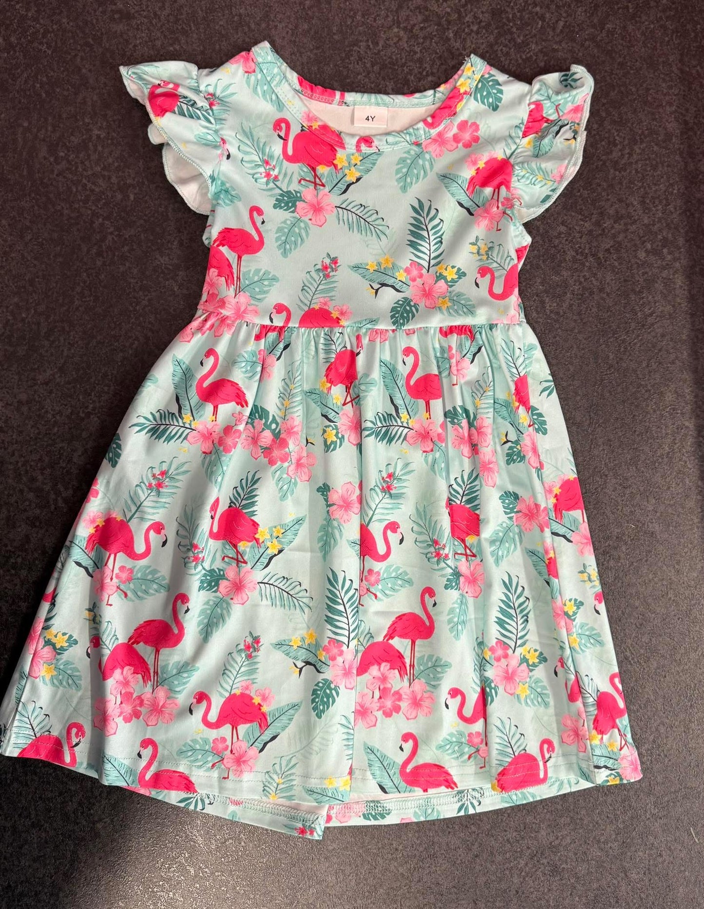 Green Flamingo Cotton Dress, Summer, Toddler, Children
