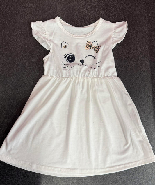 White Cat Cotton Dress, Summer, Toddler, Children