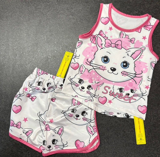 Pink & White Cat, Short Set, Toddler, Children