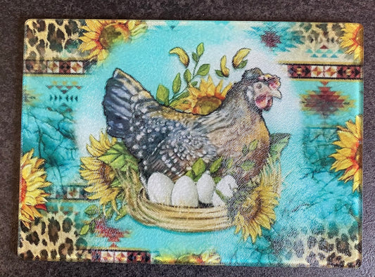 Glass Chopping Board, Hen & Eggs, Worktop Saver