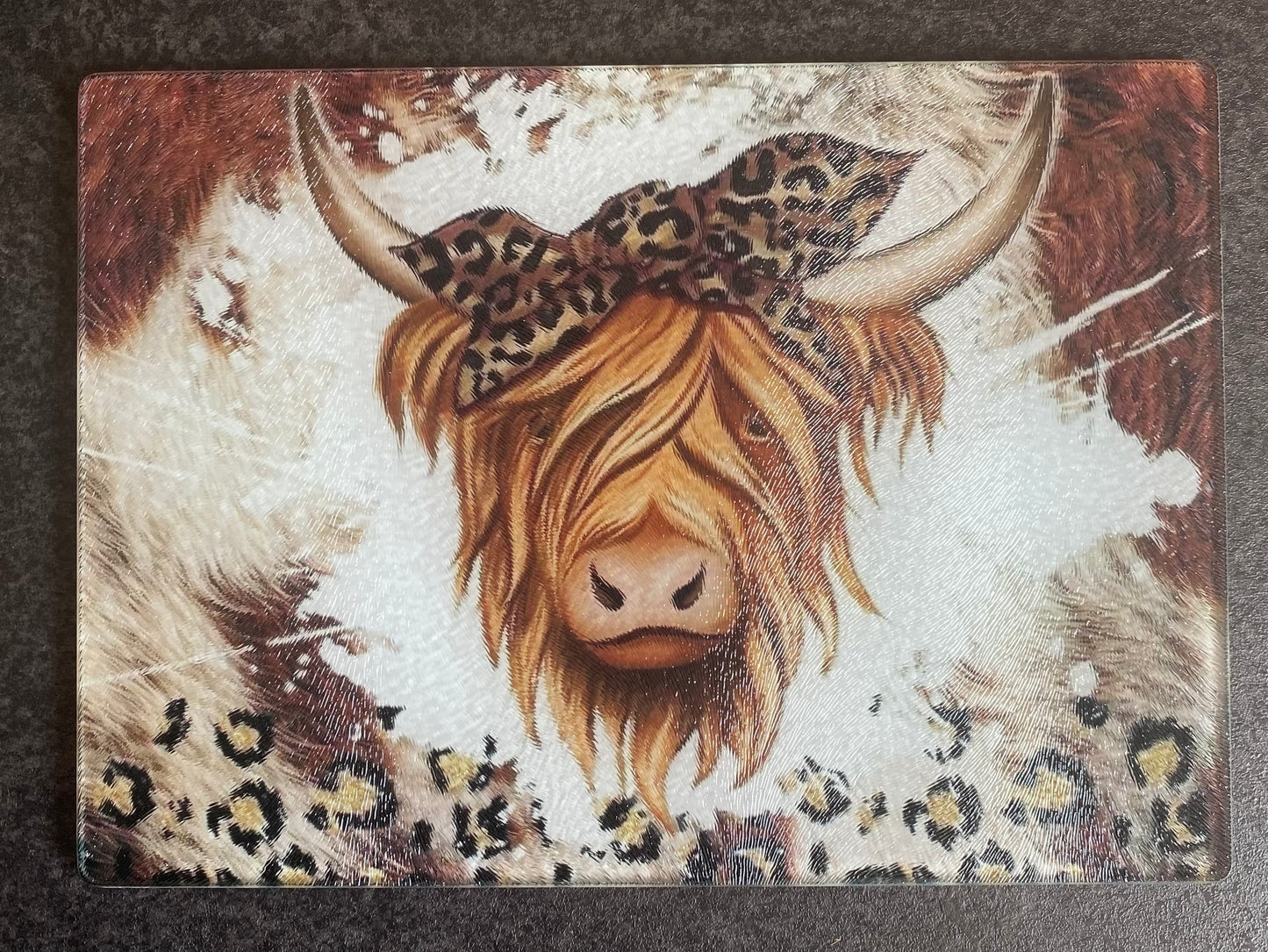 Glass Chopping Board, Highland Brown Cow, Worktop Saver