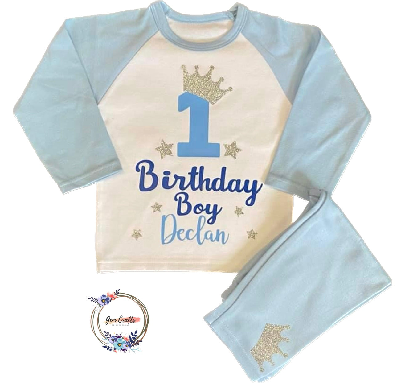 Kids Personalised Birthday Number PJs - Plain Blue - Birthday, Ages 6months - 10 Years