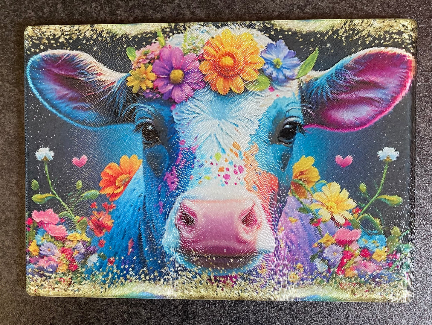 Glass Chopping Board, Colourful Cow, Worktop Saver