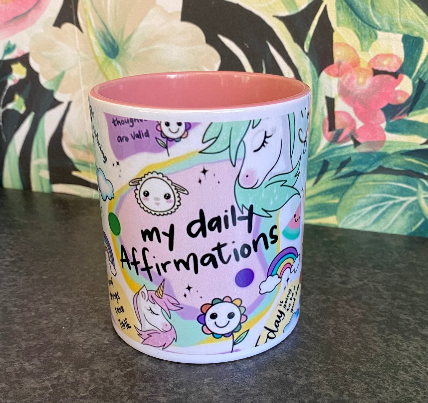 Daily Affirmations, Pink, Ceramic Mug, Coaster, Cushion, Water Bottle, Keyring, Travel Mug