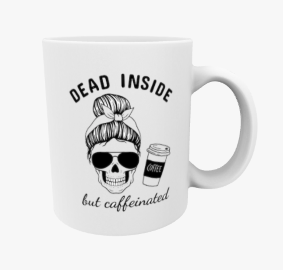 Dead Inside but Caffeinated, Travel Mug, Ceramic Mug, Coaster, Cushion, Water Bottle, Keyring